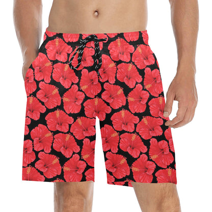 Hibiscus Red Pattern Print Design LKS306 Men's Swim Trunks Beach Shorts