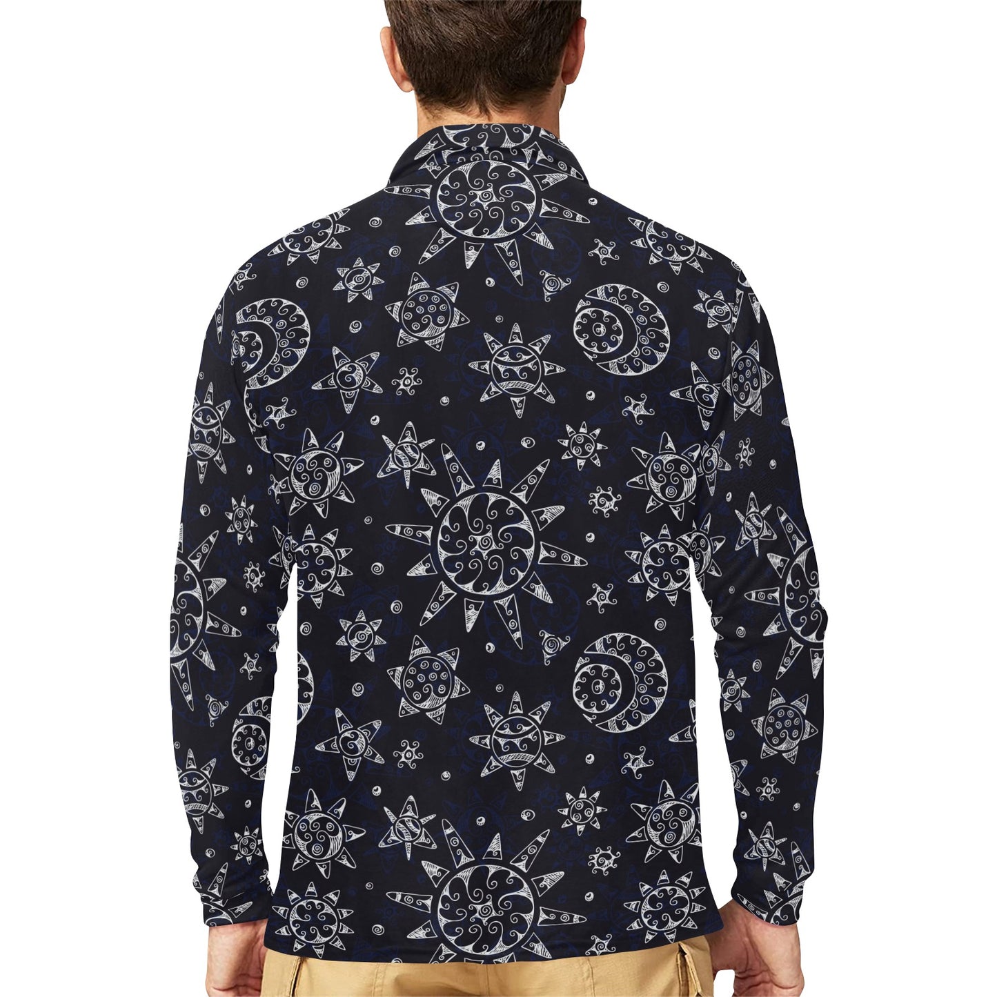 Sun Moon Pattern Long Sleeve Polo Shirt For Men's