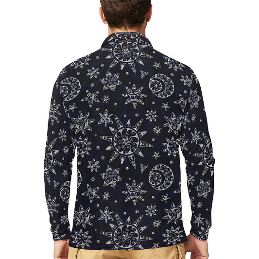 Sun Moon Pattern Long Sleeve Polo Shirt For Men's