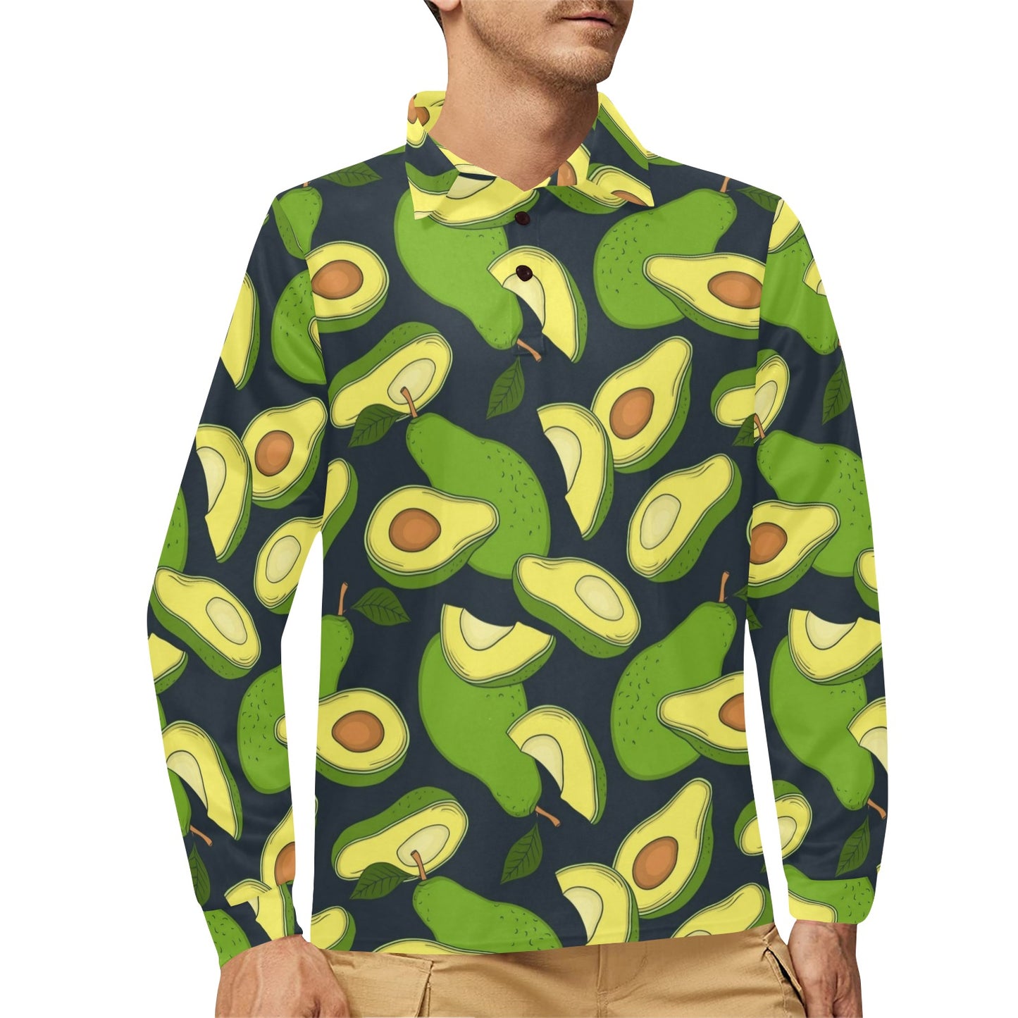 Avocado Pattern Print Design AC013 Long Sleeve Polo Shirt For Men's