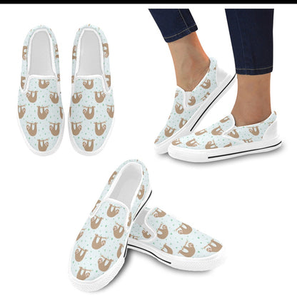 Sloth Print Design LKS308 White Slip Ons Canvas Women's Shoes