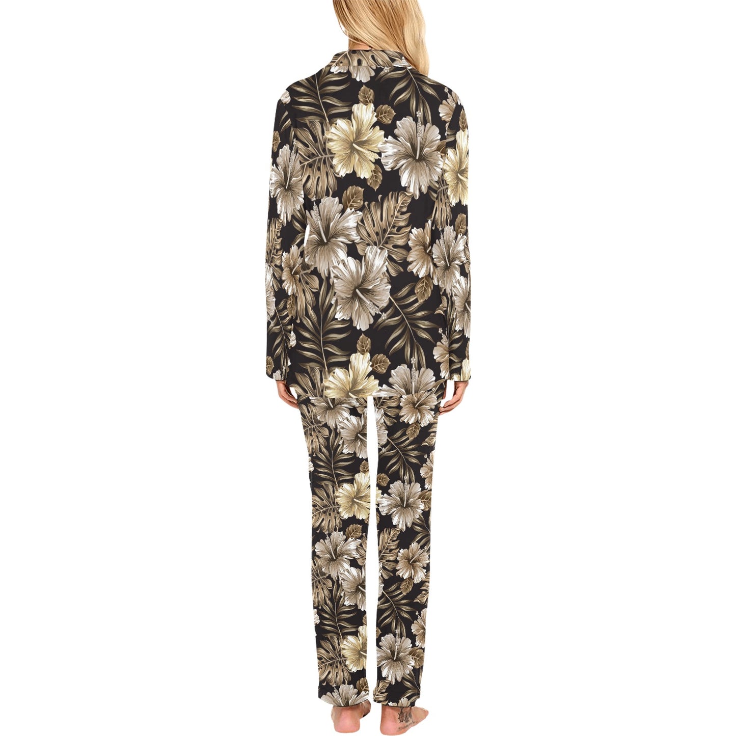 Brown Hibiscus Tropical Women's Long Pajama Set