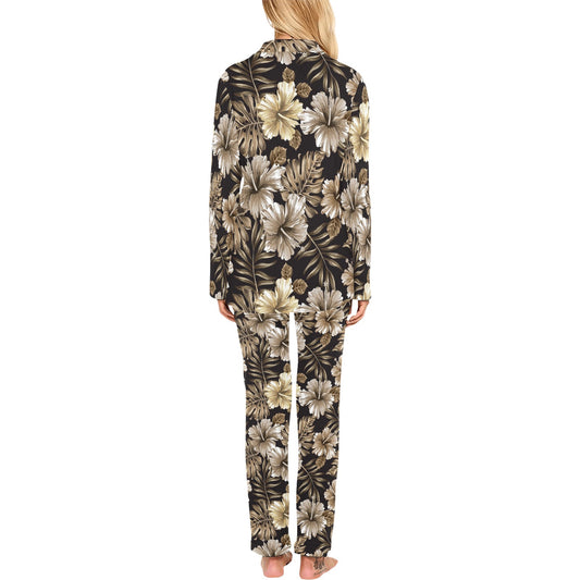 Brown Hibiscus Tropical Women's Long Pajama Set