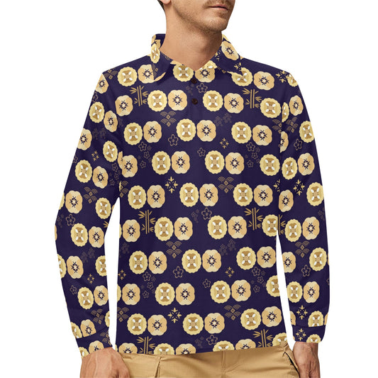 Sakura Print Design LKS303 Long Sleeve Polo Shirt For Men's