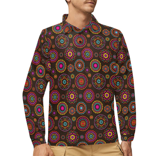 Bohemian Pattern Print Design 01 Long Sleeve Polo Shirt For Men's