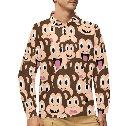 Emoji Monkey Print Pattern Long Sleeve Polo Shirt For Men's