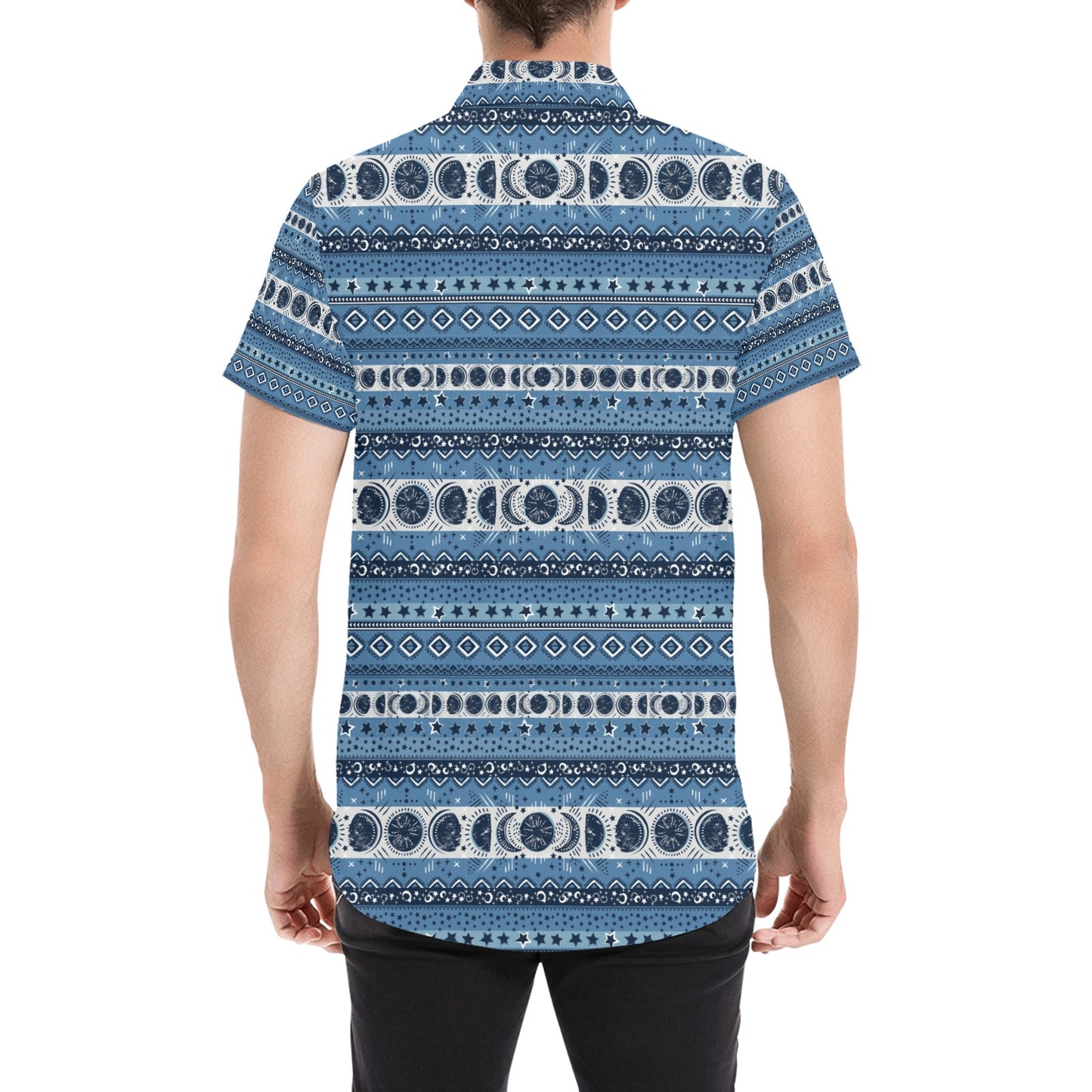 Sun Moon Pattern Print Design LKS306 Men Short Sleeve Button Up Shirt