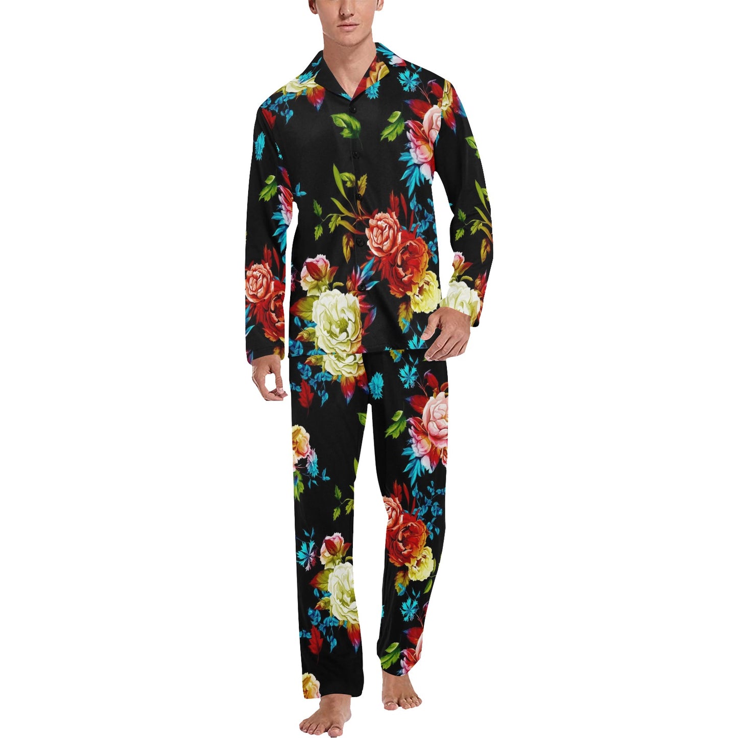 Peony Pattern Print Design PE07 Men's Long Pajama Set