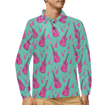 Acoustic Guitar Print Design LKS405 Long Sleeve Polo Shirt For Men's