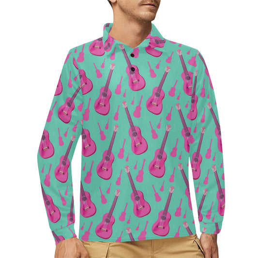 Acoustic Guitar Print Design LKS405 Long Sleeve Polo Shirt For Men's