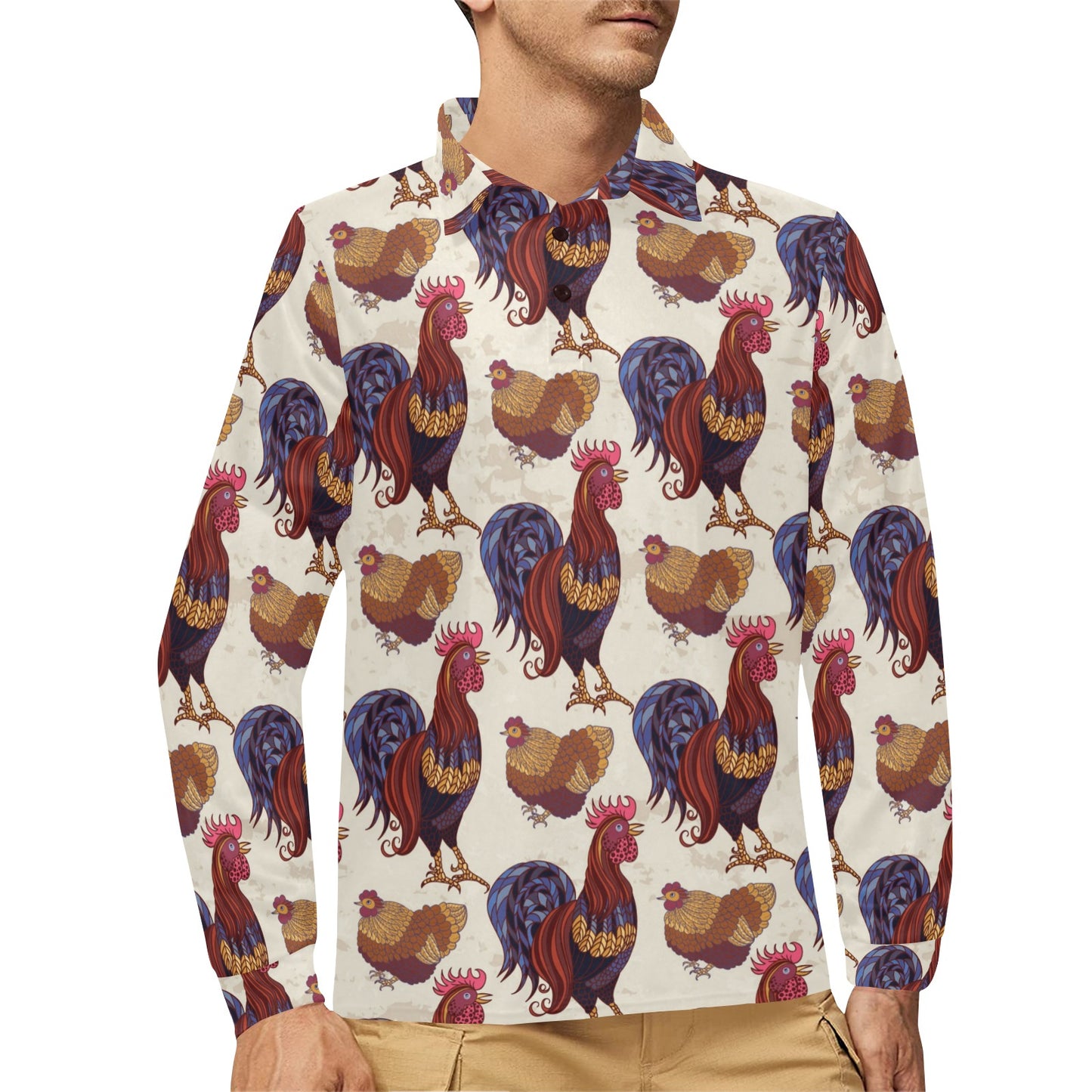 Rooster Pattern Print Design A03 Long Sleeve Polo Shirt For Men's