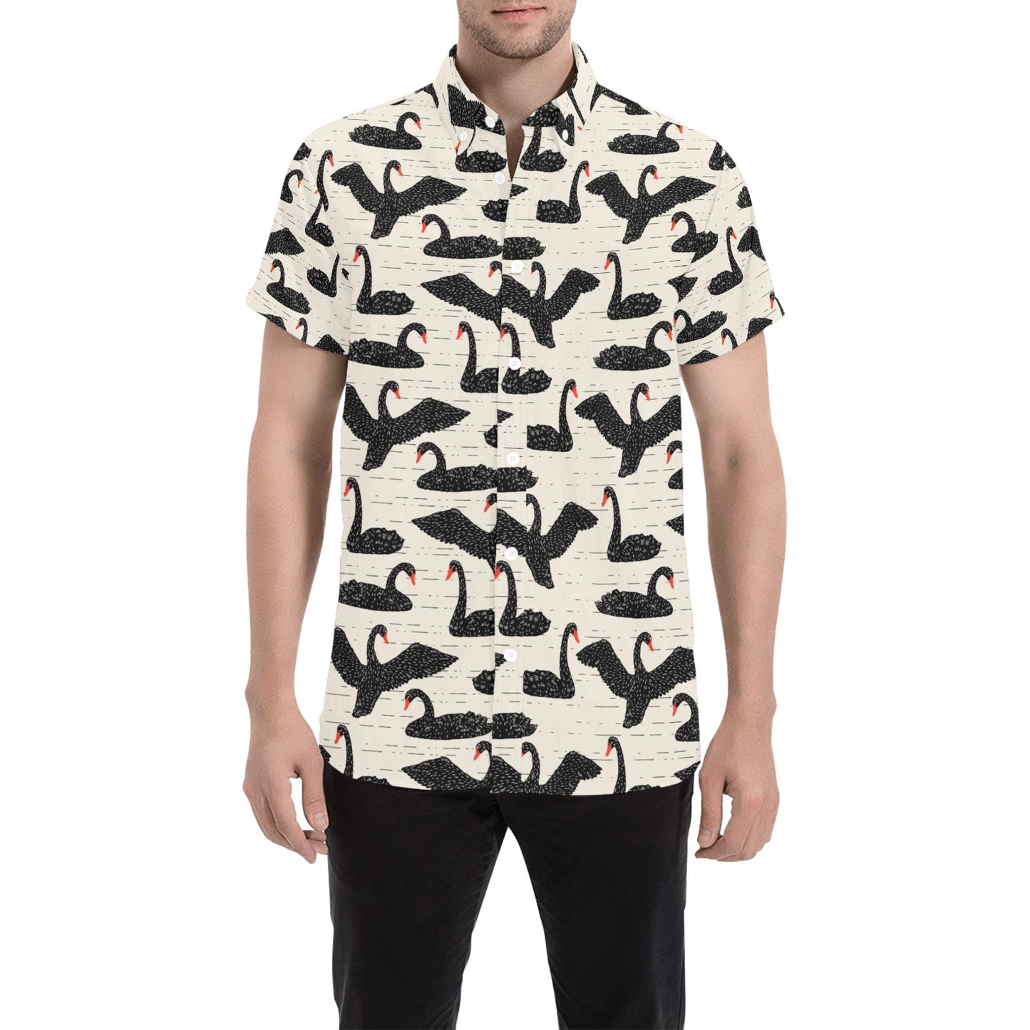 Swan Print Design LKS402 Men Short Sleeve Button Up Shirt