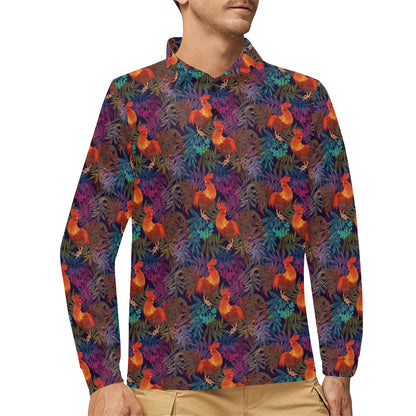 Rooster Print Style Long Sleeve Polo Shirt For Men's