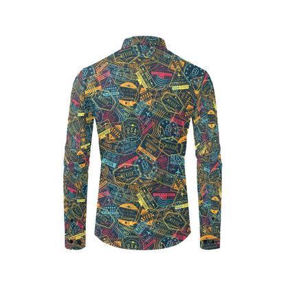 Travel Stamp Colorful Print Design LKS304 Men's Long Sleeve Dress Shirt