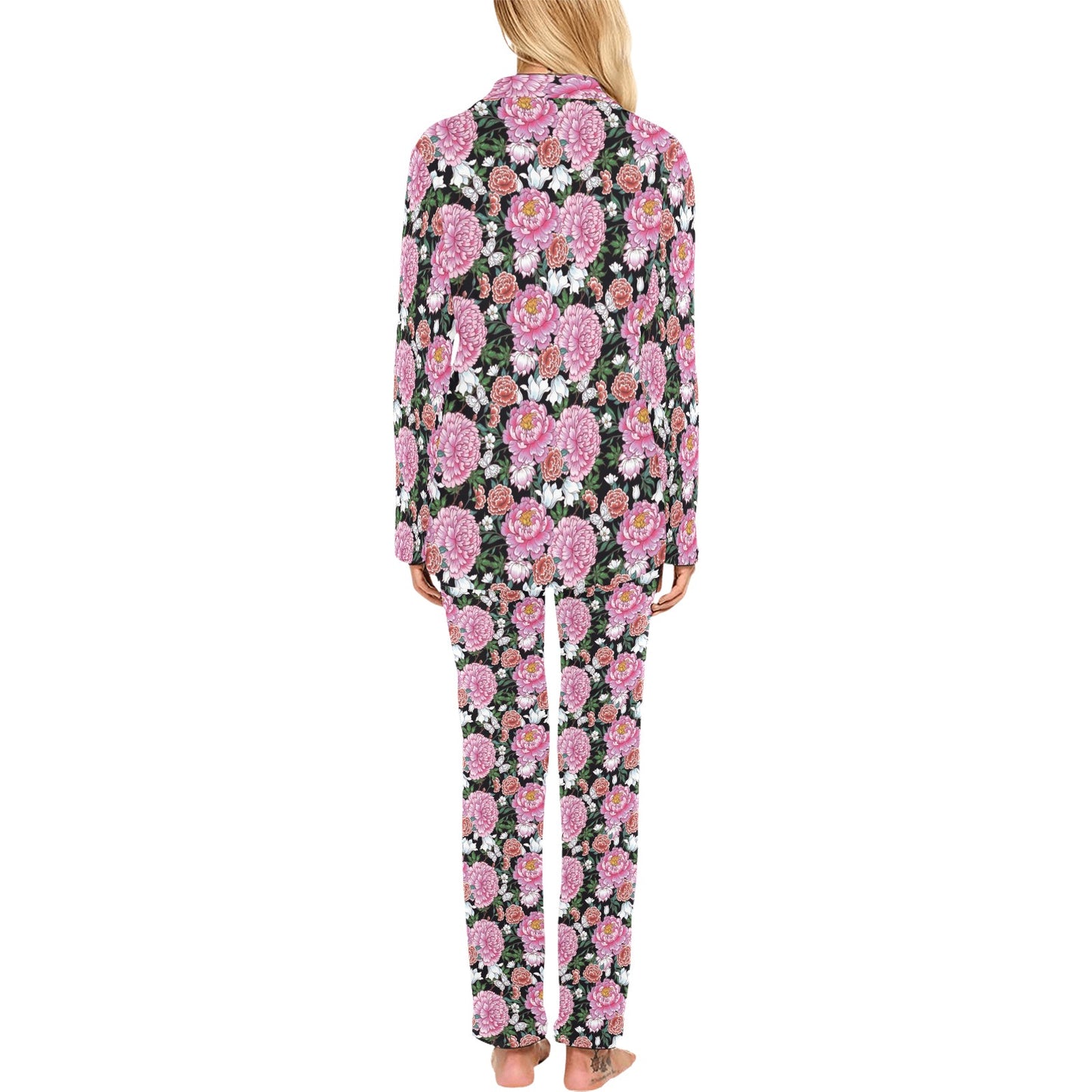 Dahlia Pattern Print Design 02 Women's Long Pajama Set