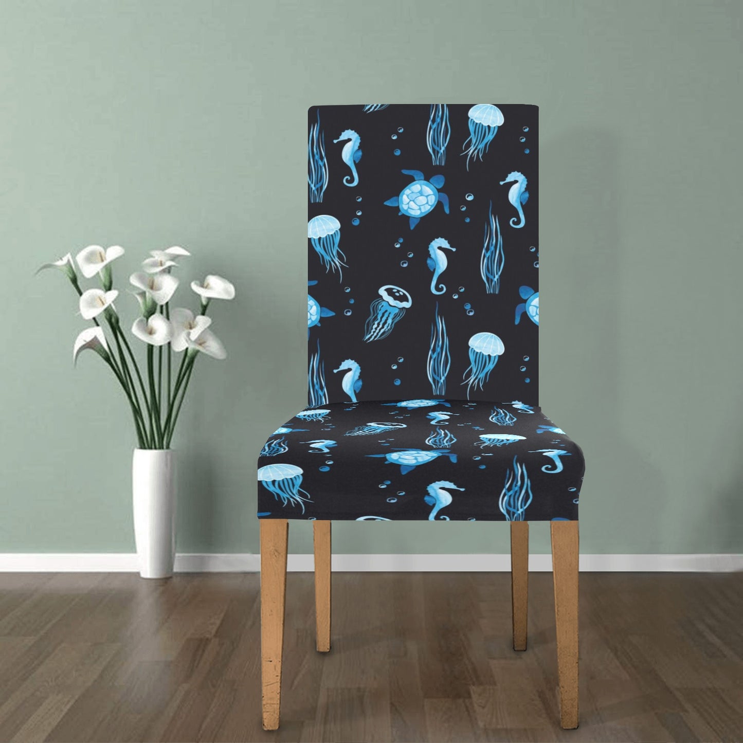 Sea Turtle Jelly Fish Sea Horse Print Design LKS3014 Dining Chair Slipcover