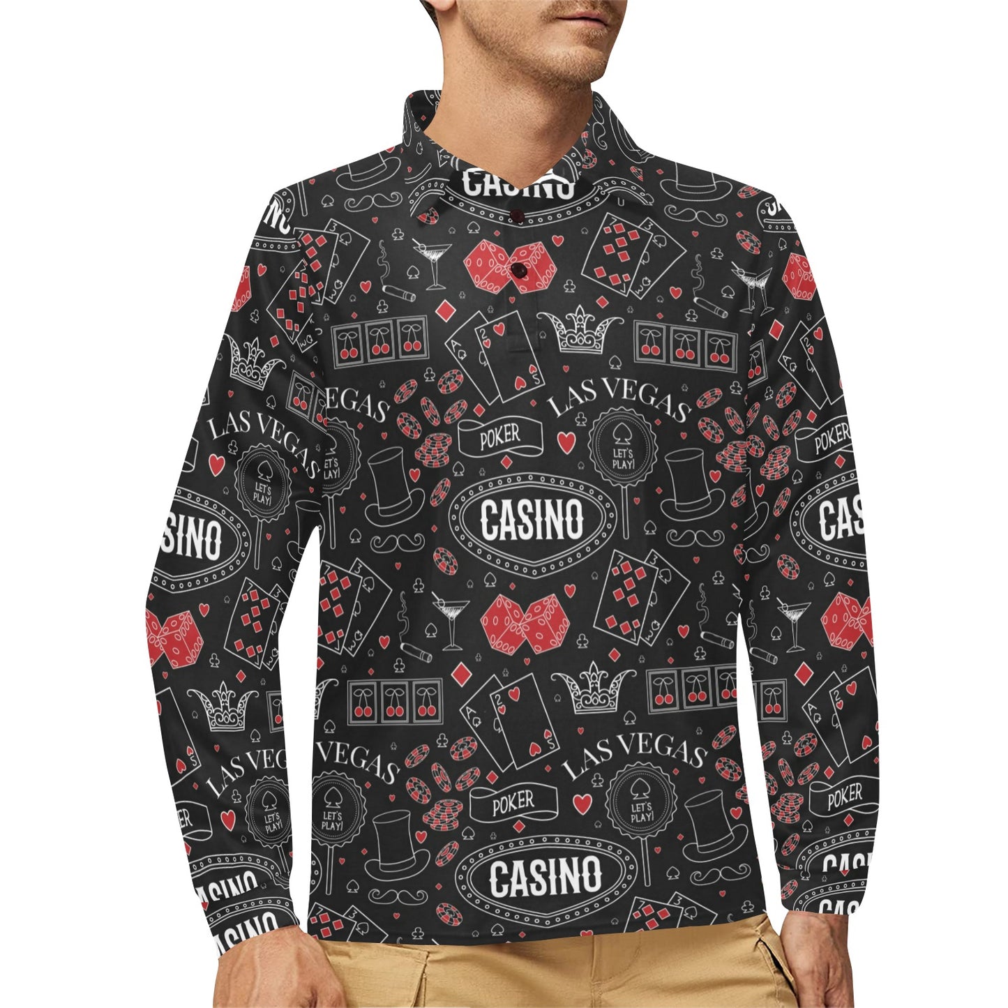 Casino Pattern Print Design 04 Long Sleeve Polo Shirt For Men's