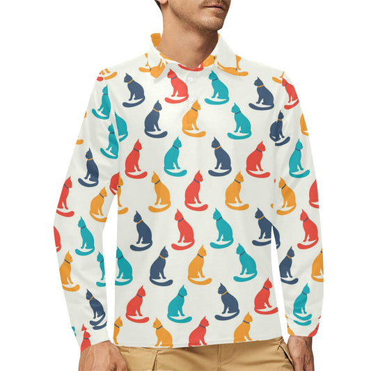 Cat Pattern Print Design 03 Long Sleeve Polo Shirt For Men's