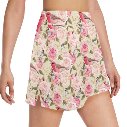 Bird Butterfly Pink Flower Print Pattern 17" Golf & Pickleball Skort with Pockets
