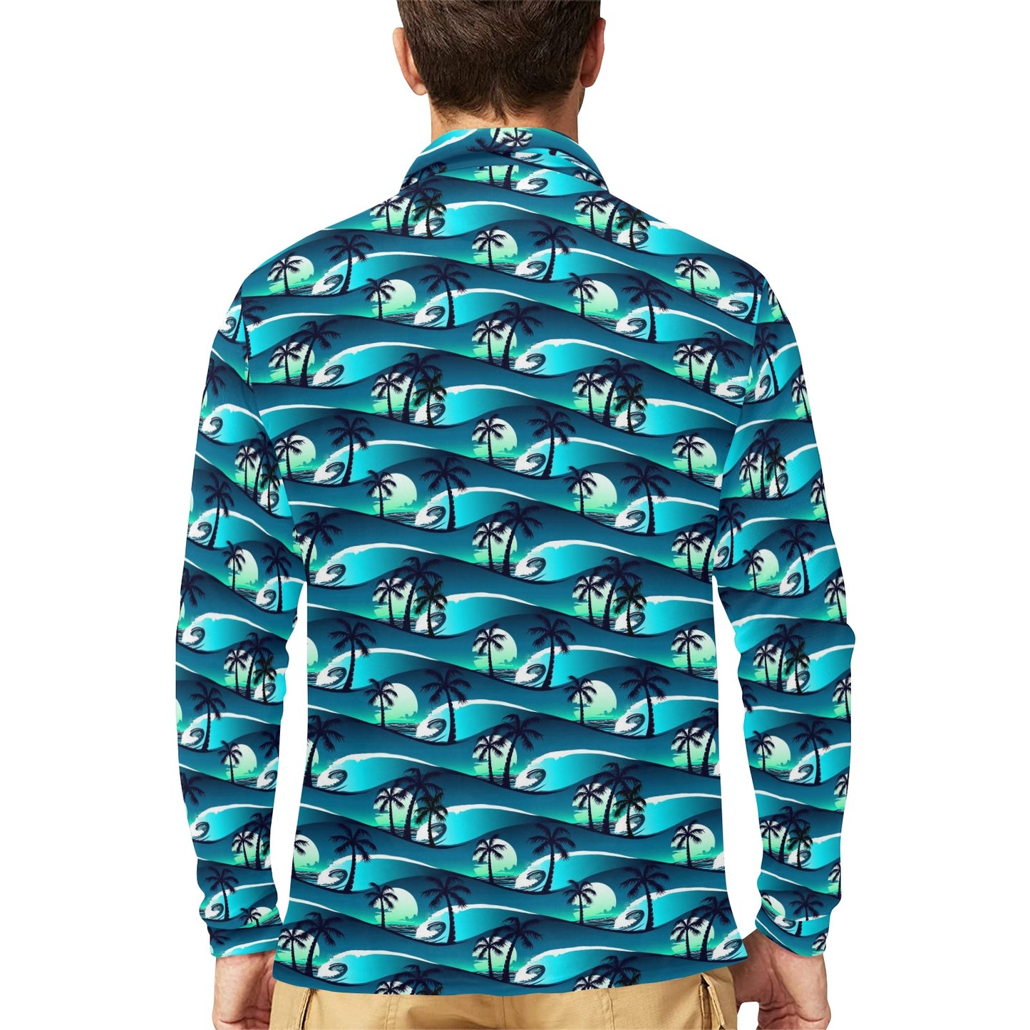 Beach Wave Design Print Long Sleeve Polo Shirt For Men's