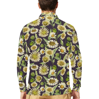 Daisy Vintage Print Pattern Long Sleeve Polo Shirt For Men's