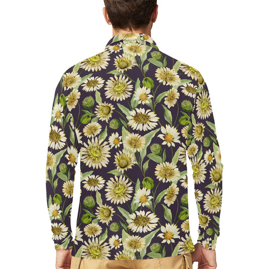 Daisy Vintage Print Pattern Long Sleeve Polo Shirt For Men's