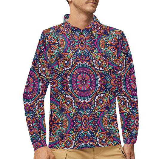 Boho Pattern Print Design 06 Long Sleeve Polo Shirt For Men's