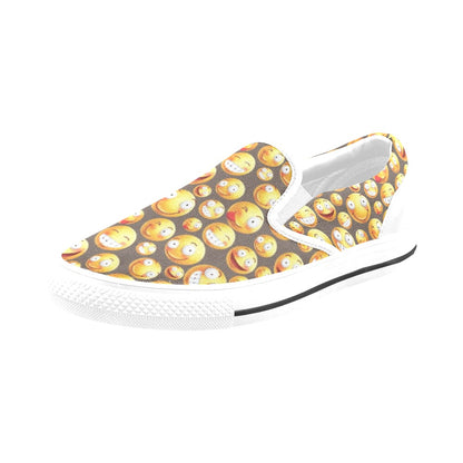 Smiley Face Emoji Print Design LKS303 White Slip Ons Canvas Women's Shoes