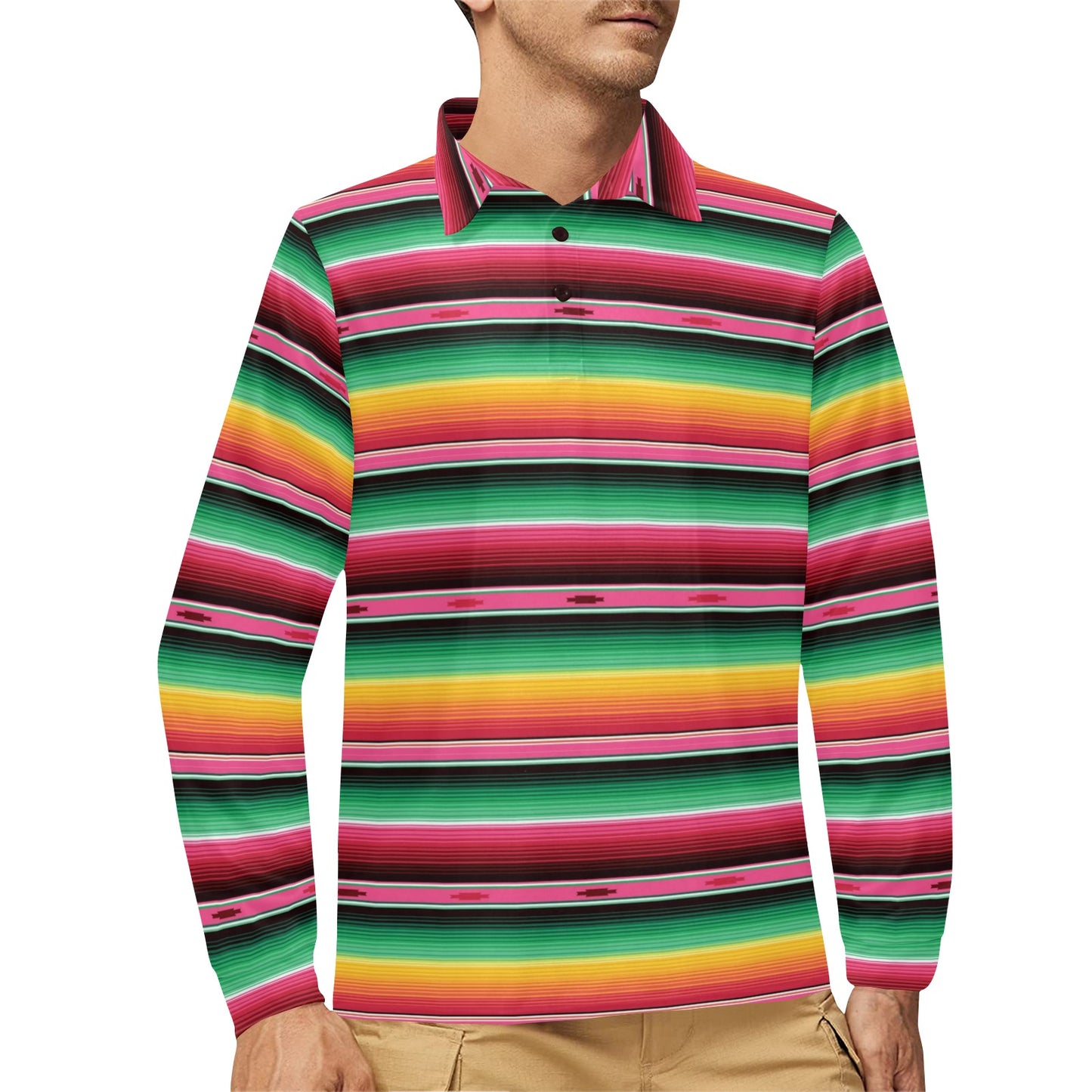 Mexican Blanket Classic Print Pattern Long Sleeve Polo Shirt For Men's