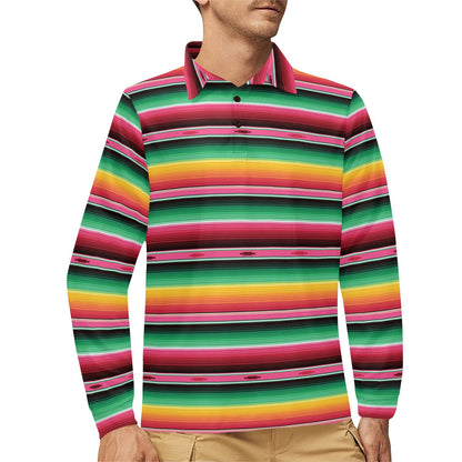 Mexican Blanket Classic Print Pattern Long Sleeve Polo Shirt For Men's