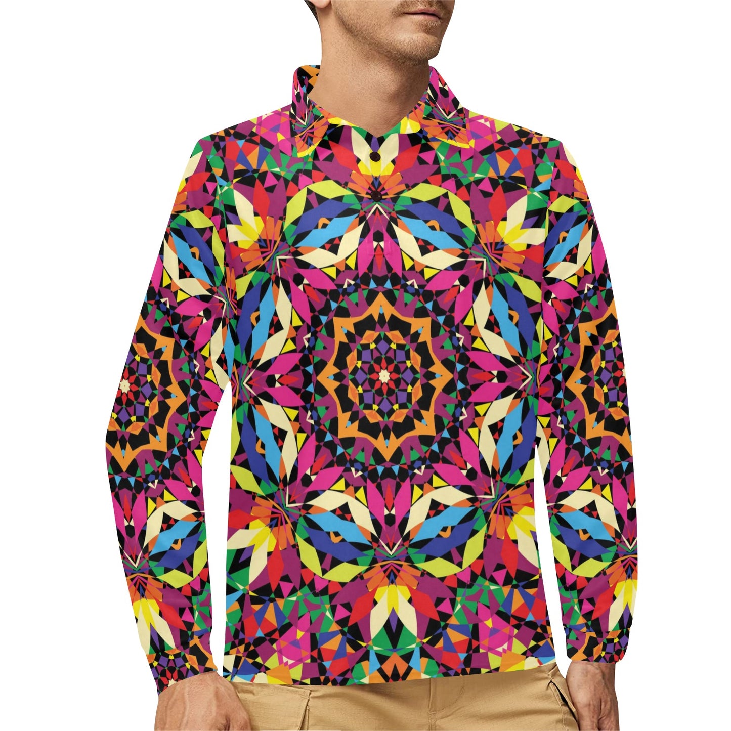 Kaleidoscope Pattern Print Design 02 Long Sleeve Polo Shirt For Men's