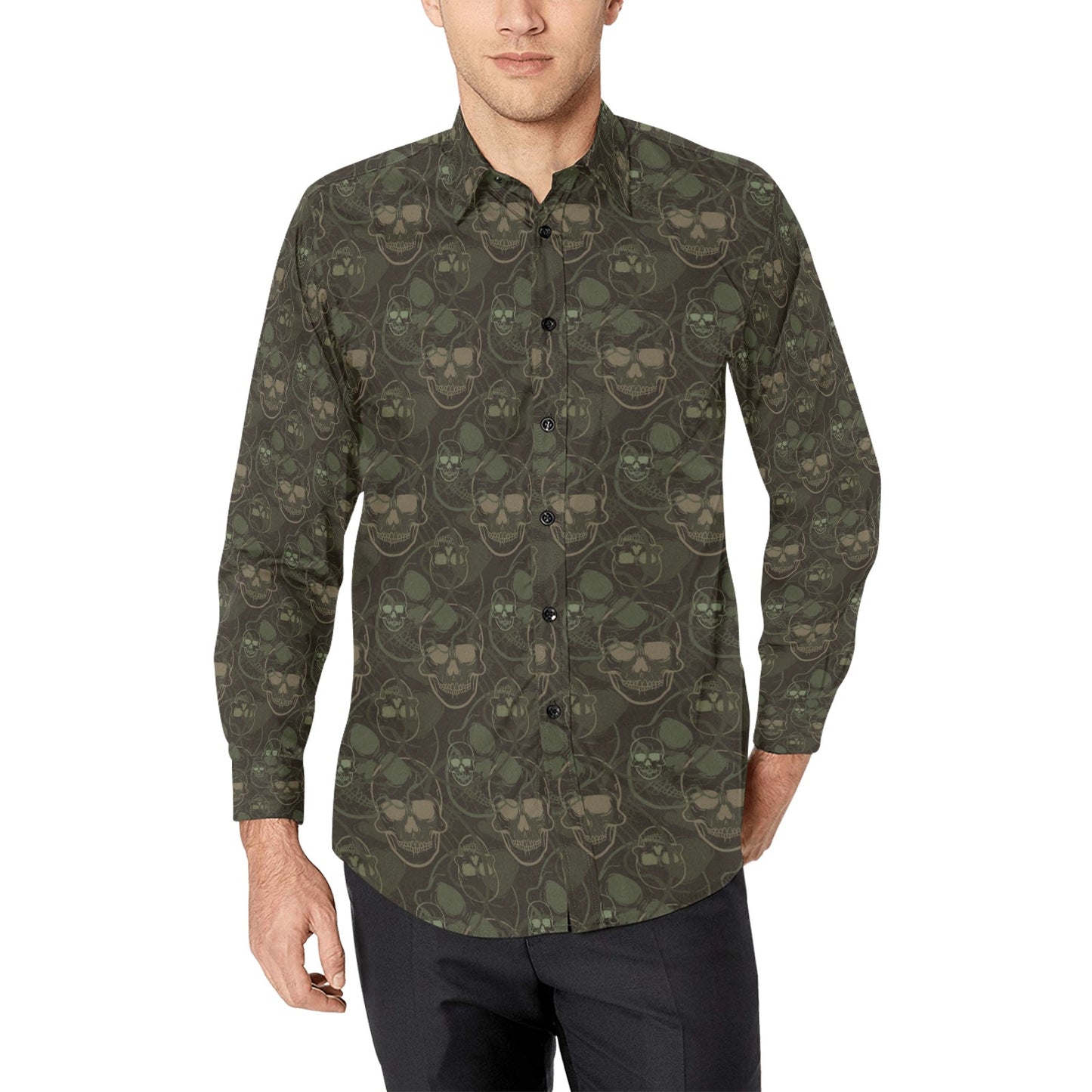 Skull Camo Style Print Design LKS308 Men's Long Sleeve Dress Shirt