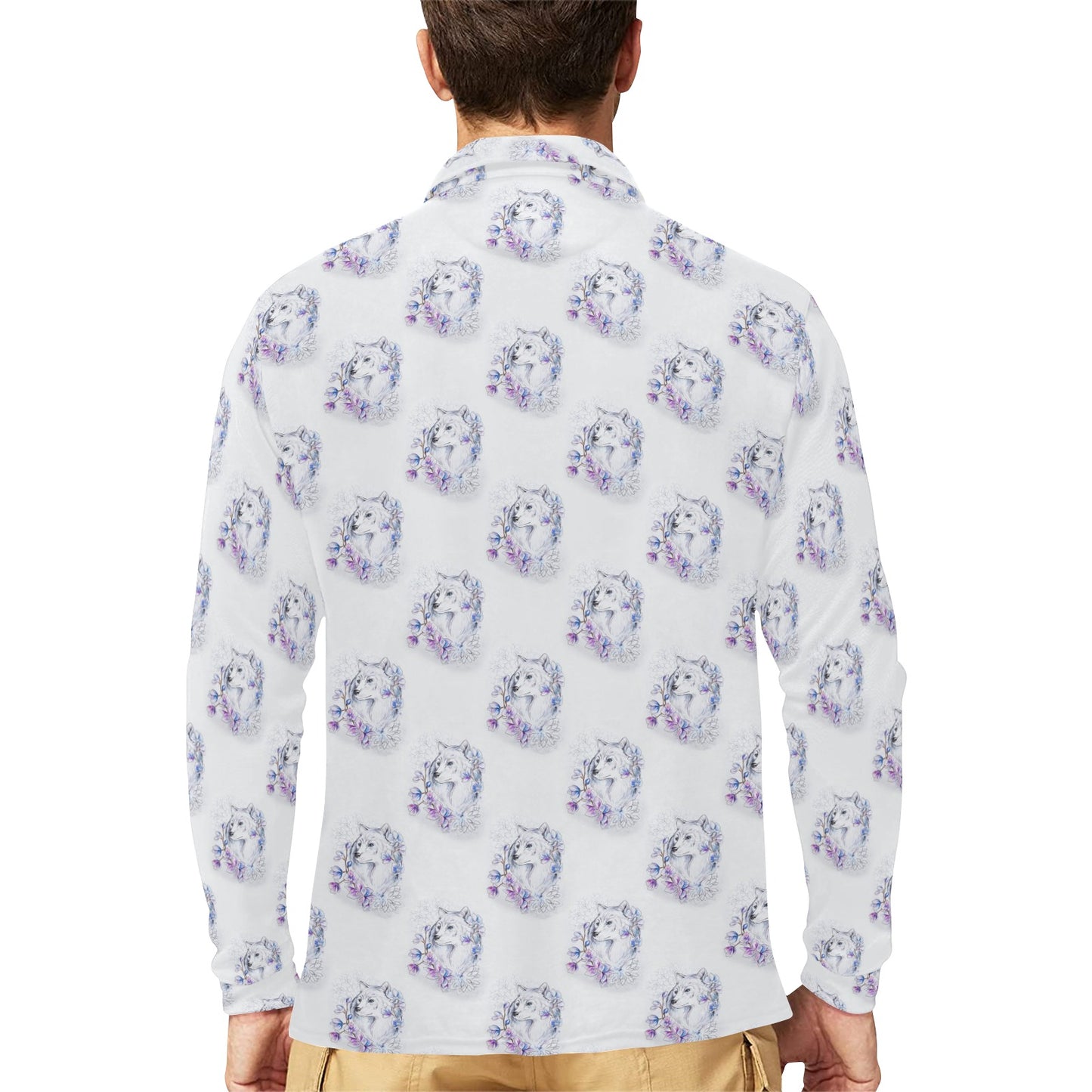 Wolf with Flower Print Design Long Sleeve Polo Shirt For Men's