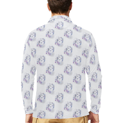 Wolf with Flower Print Design Long Sleeve Polo Shirt For Men's