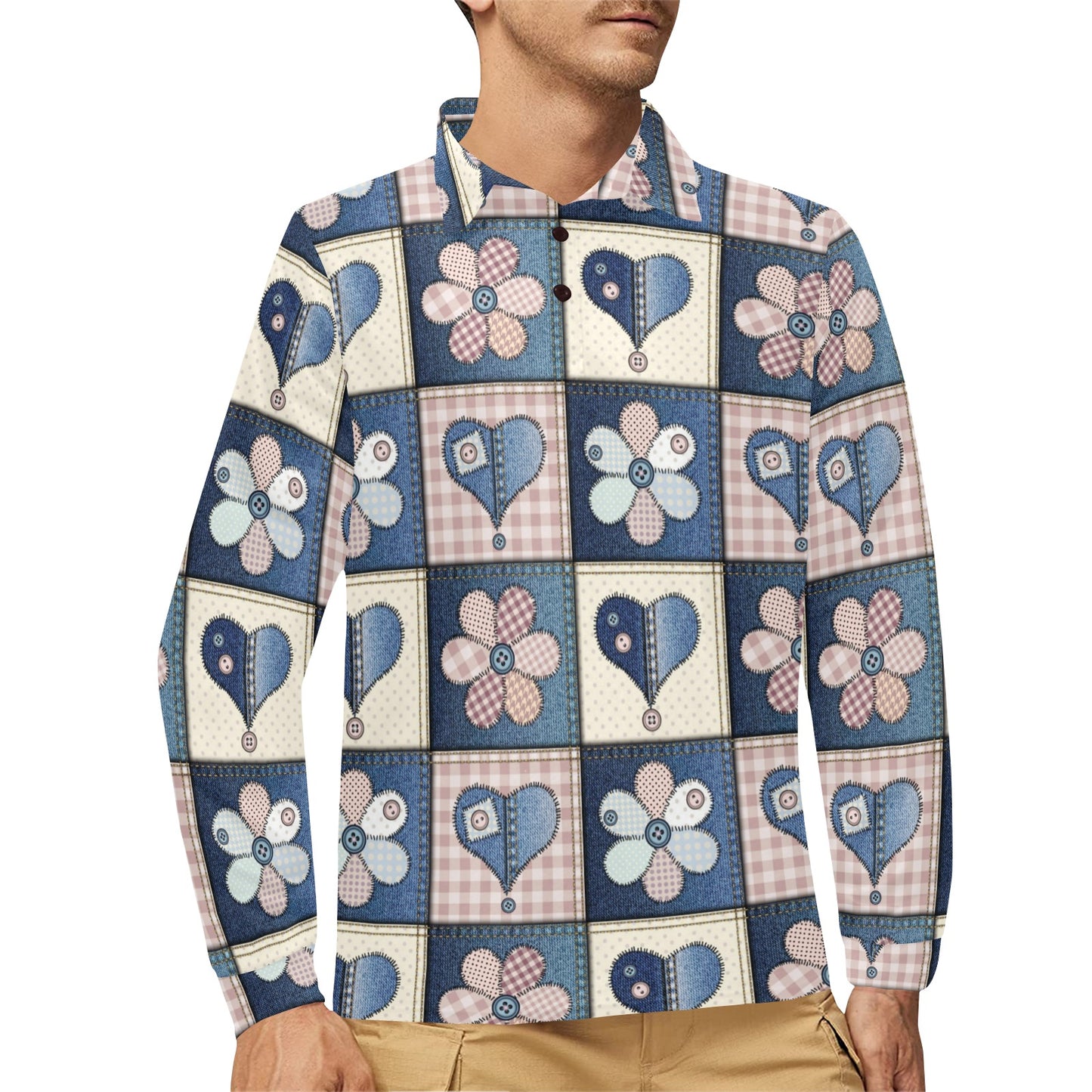 Patchwork Heart Flower Pattern Print Design 01 Long Sleeve Polo Shirt For Men's