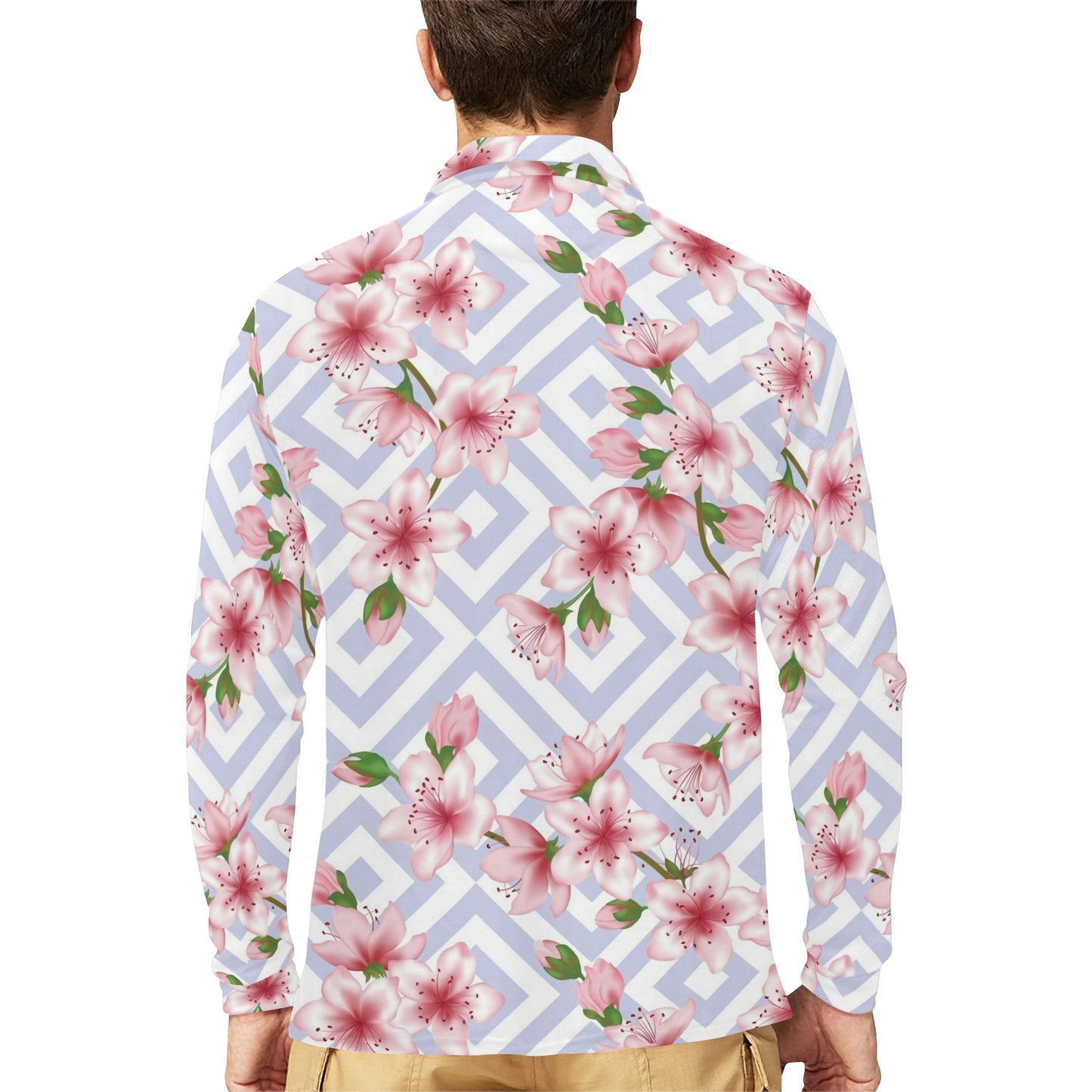 Cherry Blossom Pattern Print Design CB07 Long Sleeve Polo Shirt For Men's