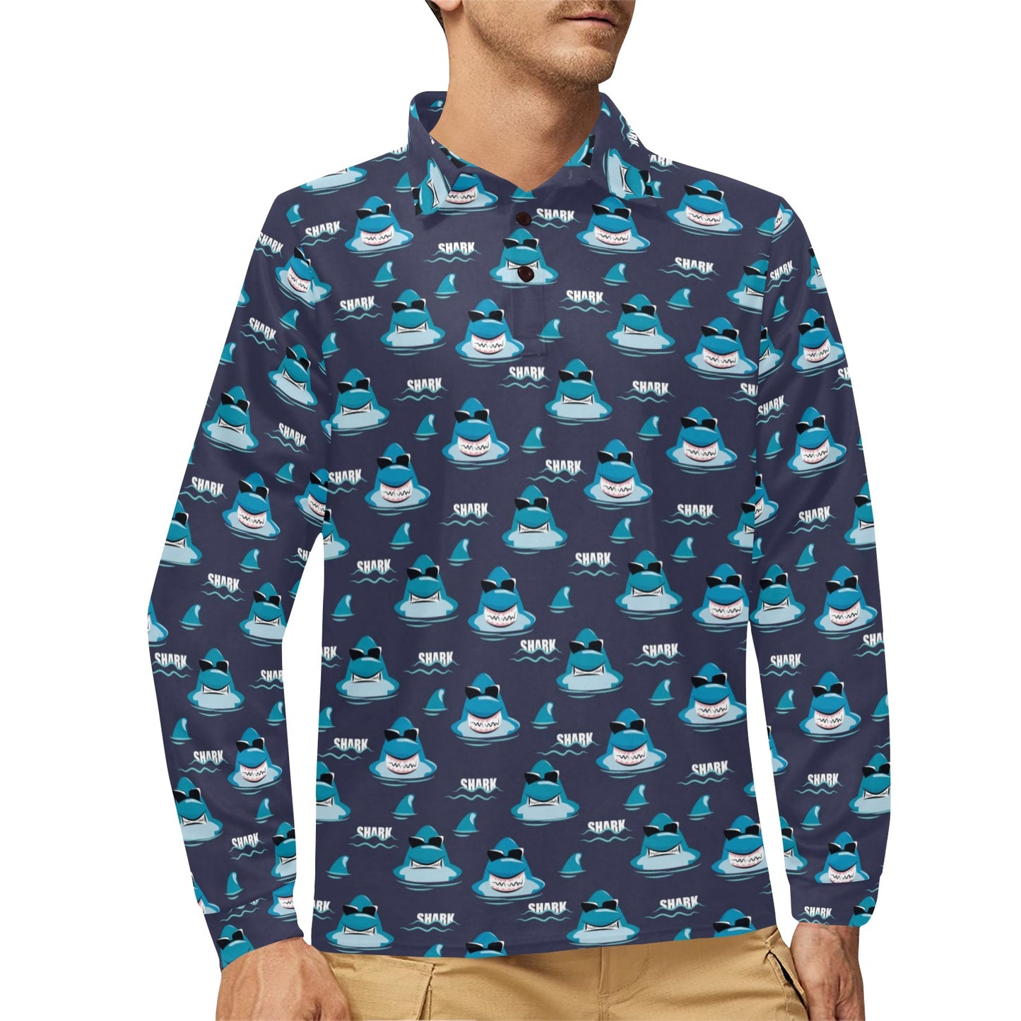 Shark Print Design LKS309 Long Sleeve Polo Shirt For Men's