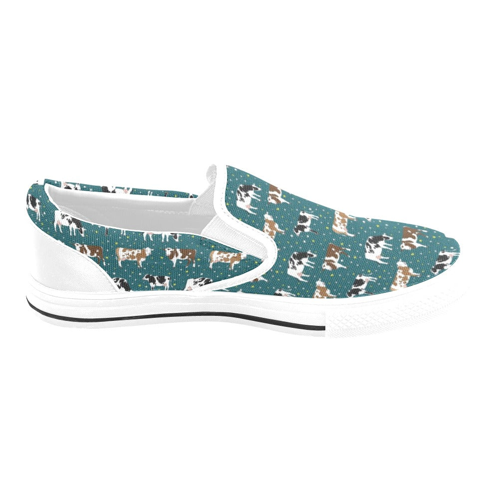Cattle Print Design LKS404 White Slip Ons Canvas Women's Shoes