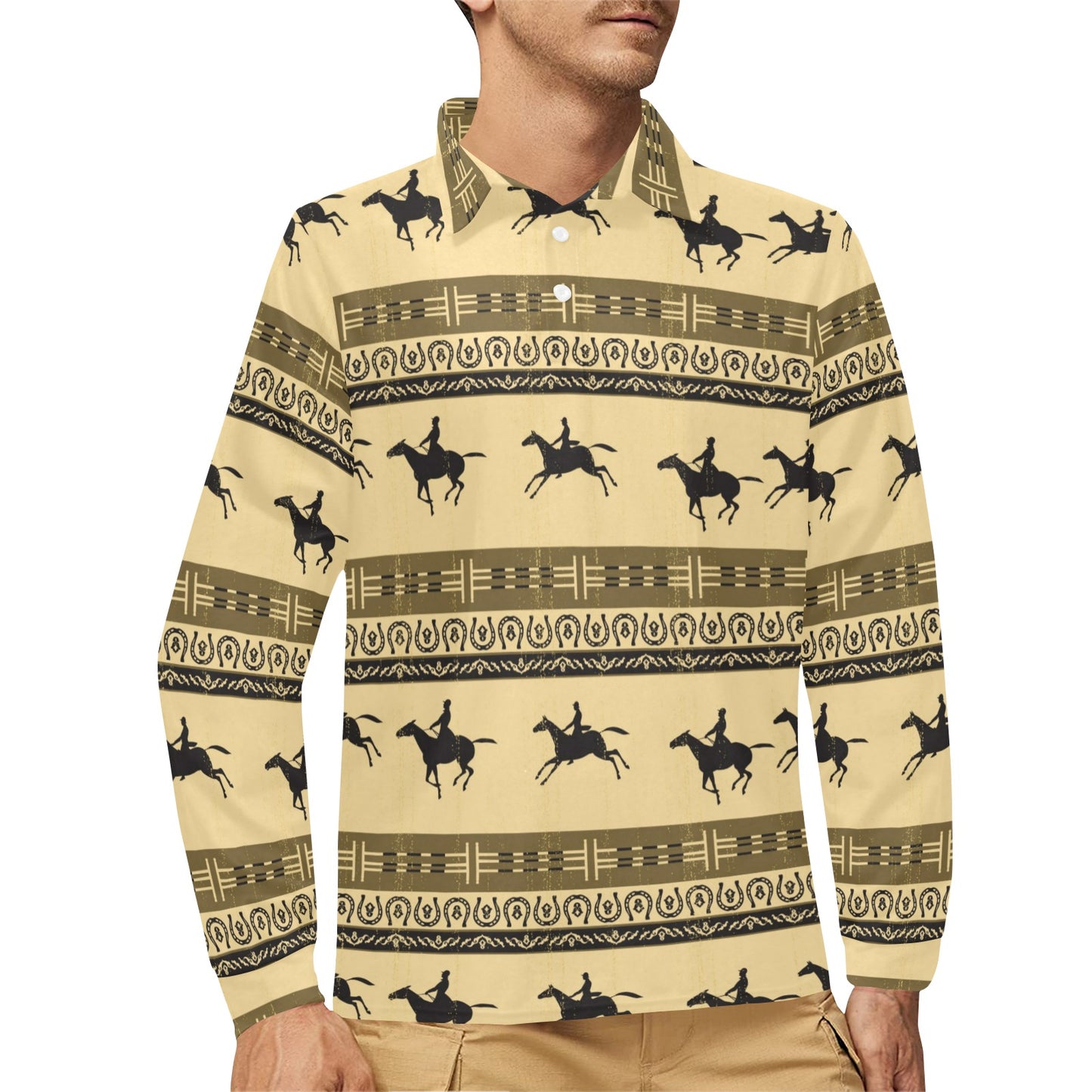 Horse Pattern Prnt Long Sleeve Polo Shirt For Men's