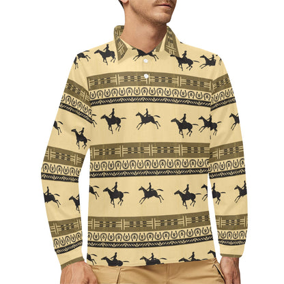 Horse Pattern Prnt Long Sleeve Polo Shirt For Men's
