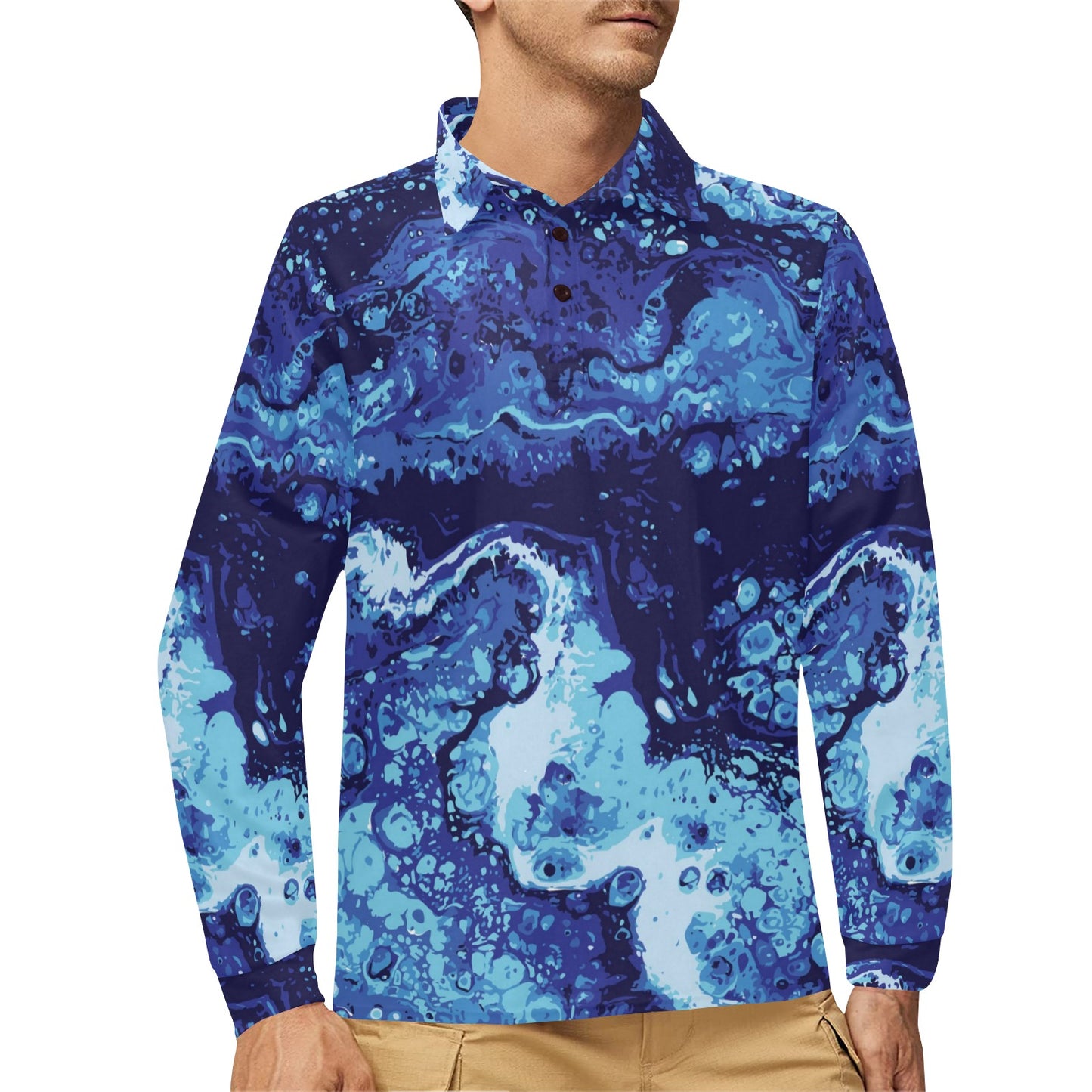 Ocean Liquid Pattern Print Design A03 Long Sleeve Polo Shirt For Men's