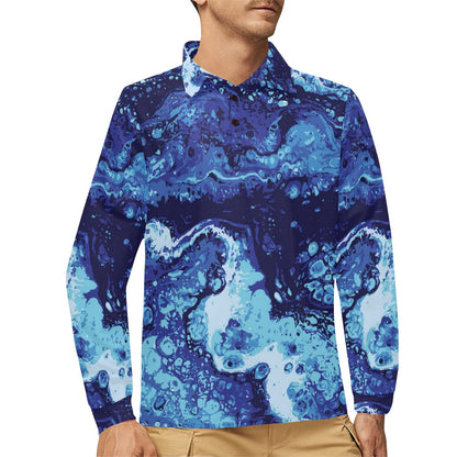 Ocean Liquid Pattern Print Design A03 Long Sleeve Polo Shirt For Men's