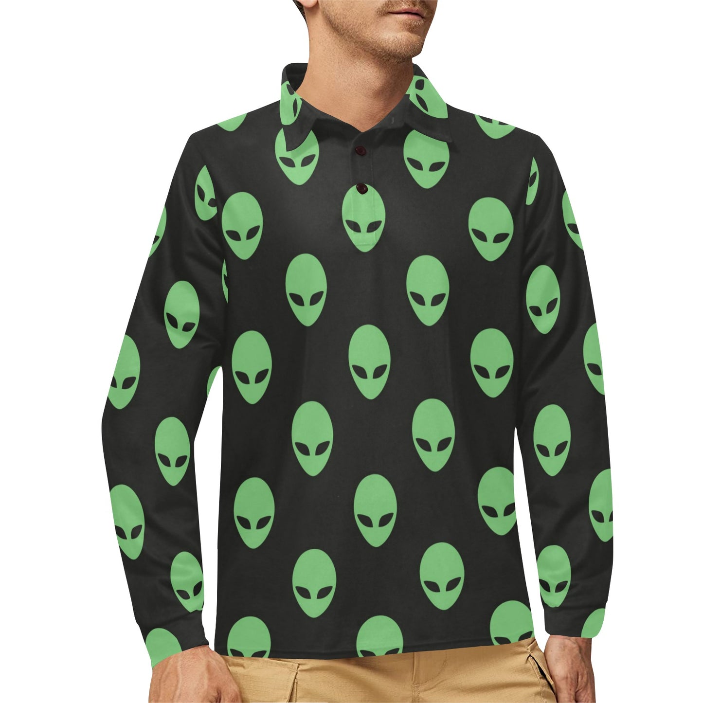 Alien Green Neon Pattern Print Design 01 Long Sleeve Polo Shirt For Men's