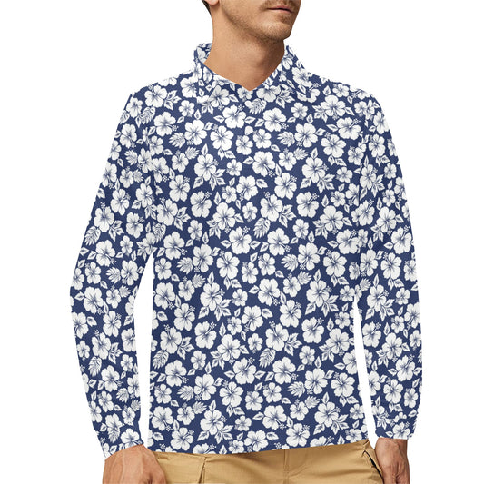Hibiscus Blue Hawaiian Flower Style Long Sleeve Polo Shirt For Men's