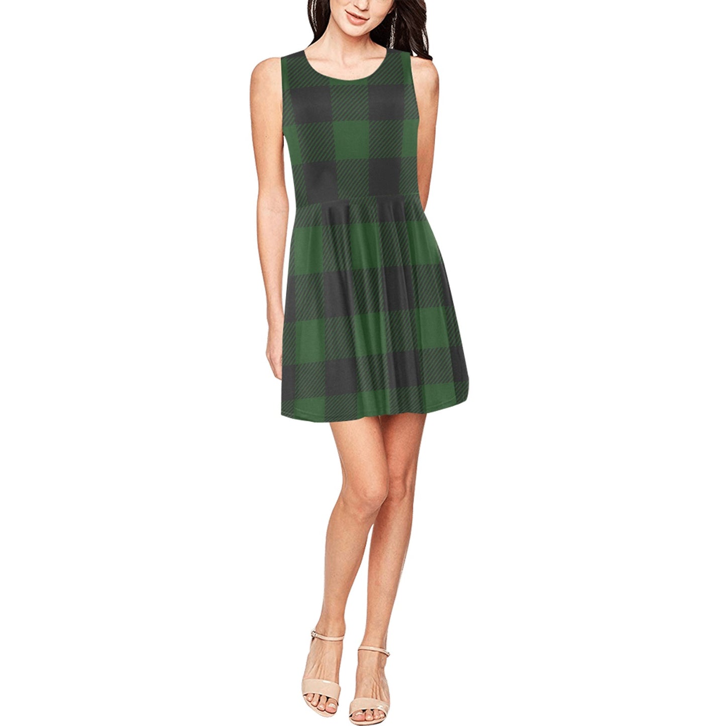 Buffalo check Green Pattern Print Design 02 Sleeveless Dress