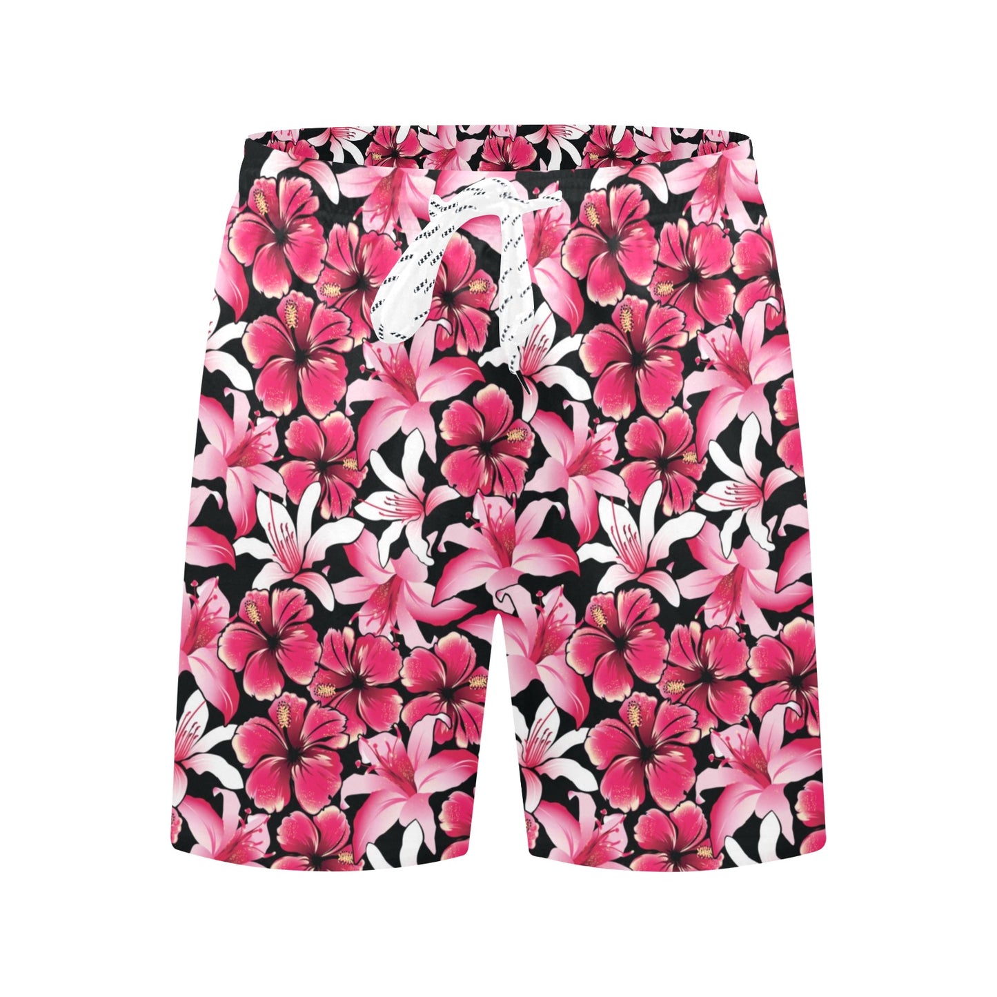 Flower Hawaiian Pink Red Hibiscus Print Men's Swim Trunks Beach Shorts