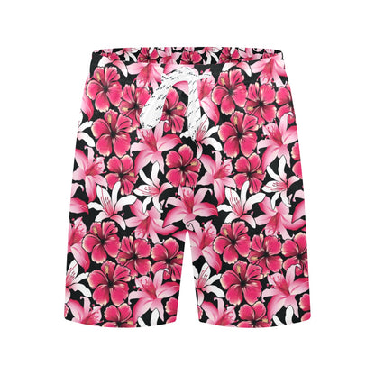 Flower Hawaiian Pink Red Hibiscus Print Men's Swim Trunks Beach Shorts