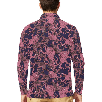 Octopus Pattern Print Design A03 Long Sleeve Polo Shirt For Men's