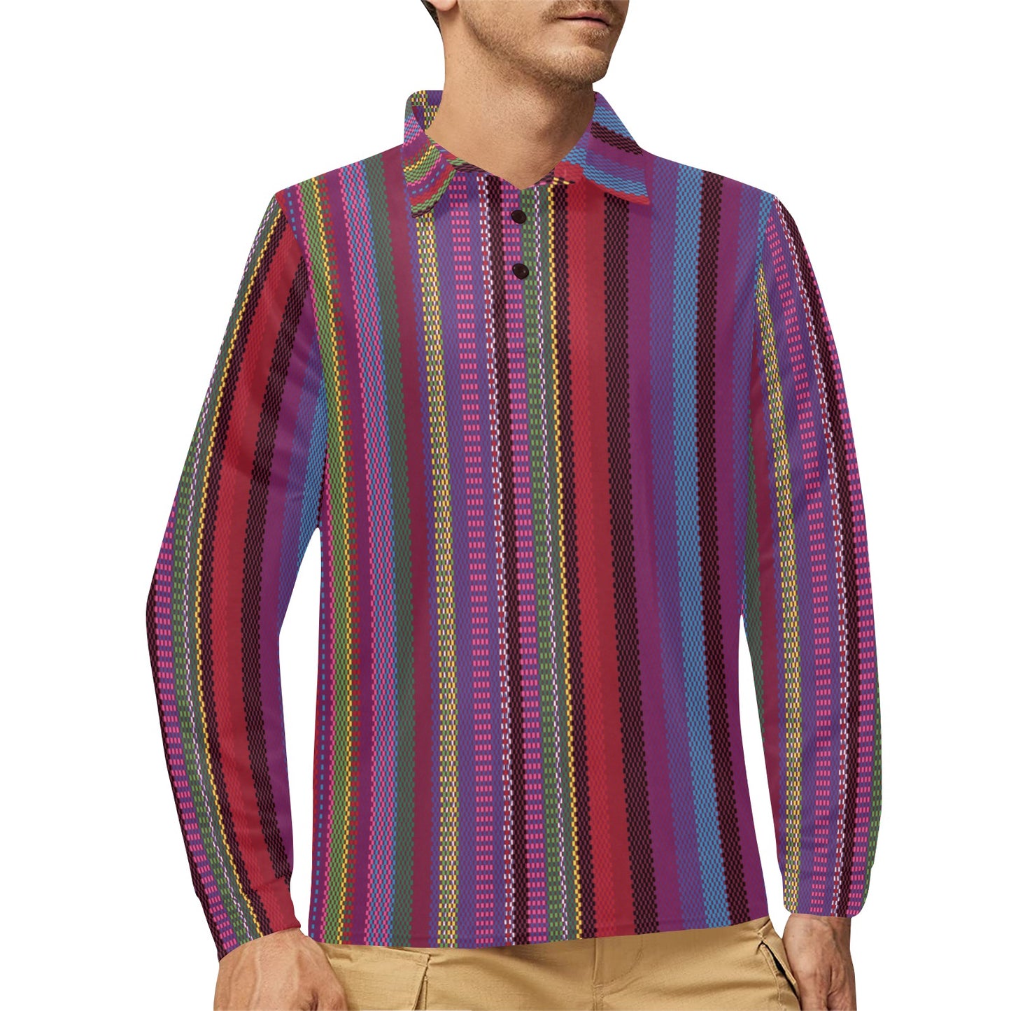 Serape Stripe Print Long Sleeve Polo Shirt For Men's