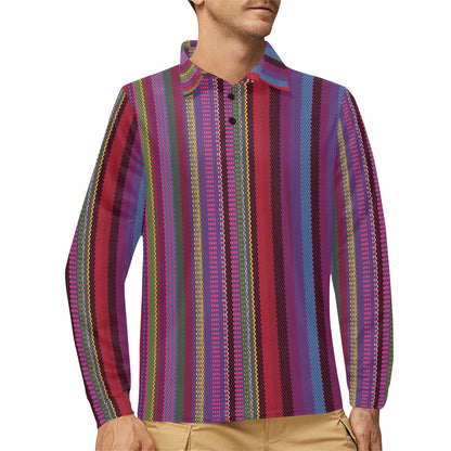 Serape Stripe Print Long Sleeve Polo Shirt For Men's